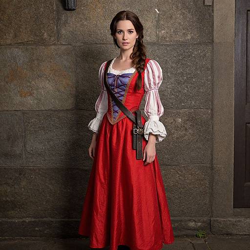 Photograph of a young woman with long brown hair, wearing a red and white Renaissance-style dress with puffed sleeves, standing against a stone wall.
