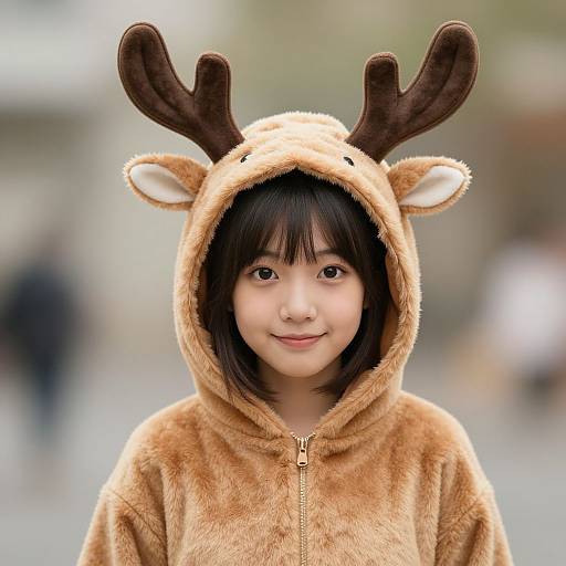 Photograph of an Asian girl with straight black hair, wearing a brown reindeer-themed hooded fleece jacket with antlers, smiling softly in an outdoor