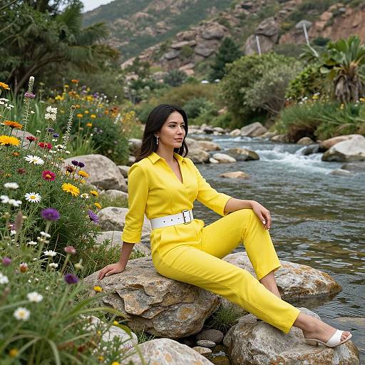 Photograph of a dark-haired woman in a vibrant yellow outfit, sitting on rocks by a flowing river, surrounded by colorful wildflowers and mountainous green