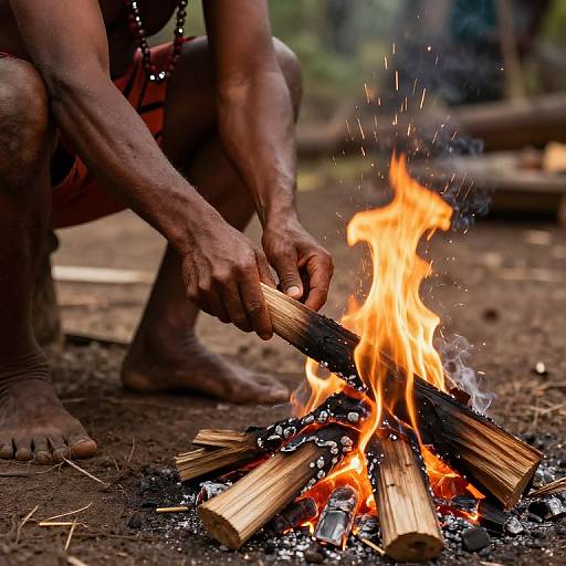 Photograph of a muscular, dark-skinned man's hands tending a vibrant campfire made of wooden logs in a forest setting.