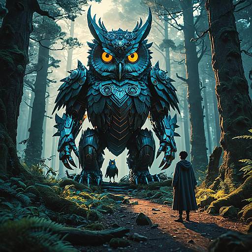 Cybernetic Owl Dragon in Mystical Forest