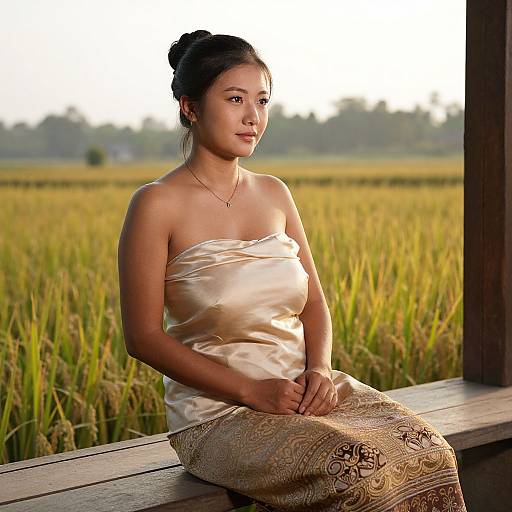 Photograph of a young Asian woman with fair skin, black hair in a bun, wearing a strapless ivory satin top and patterned beige skirt,
