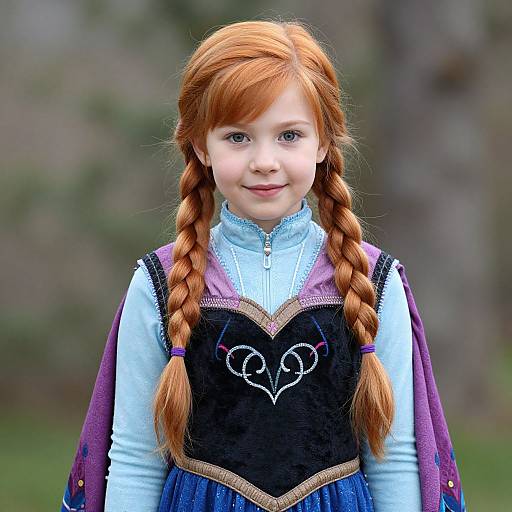 Photograph of a young girl with red braided hair, wearing a black dress with heart embroidery, light blue turtleneck, and purple shawl