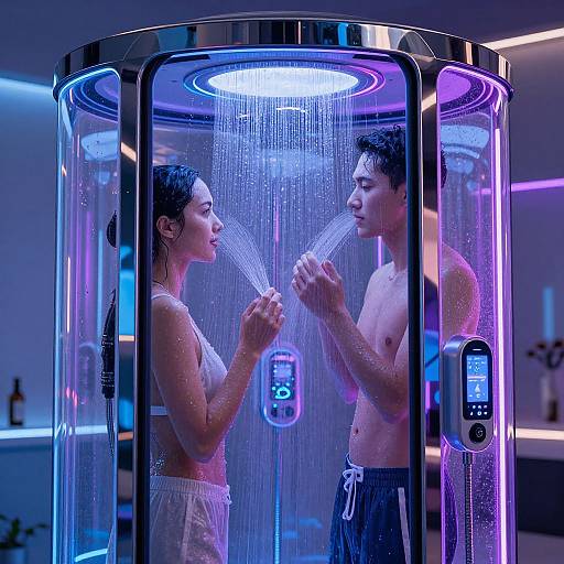 Photograph of a shirtless Asian man and woman showering in a futuristic, cylindrical, blue-and-purple illuminated shower unit, holding hands under cascading