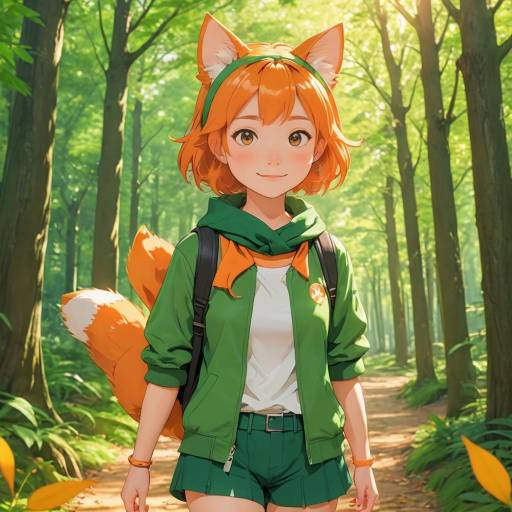 Anime Girl with Fox Ears and Tail in Forest