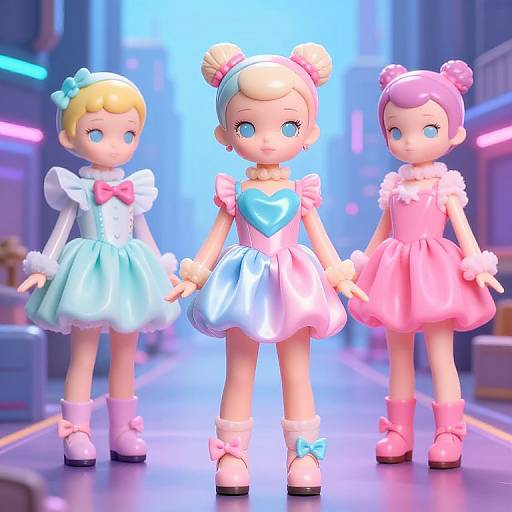 CGI image of three cute, anime-style doll girls with colorful hair buns, wearing pastel dresses and bows, holding hands, in a neon
