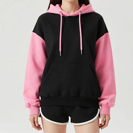 Photograph of a person wearing a black and pink hooded sweatshirt with pink sleeves, black shorts with white trim, against a plain white background.