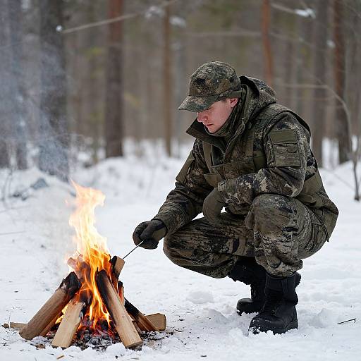 Photograph of a male soldier in camouflage gear, squatting by a small campfire in a snowy forest, using a stick to tend the flames.