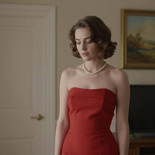 Elegant Woman in Red Dress and Pearls
