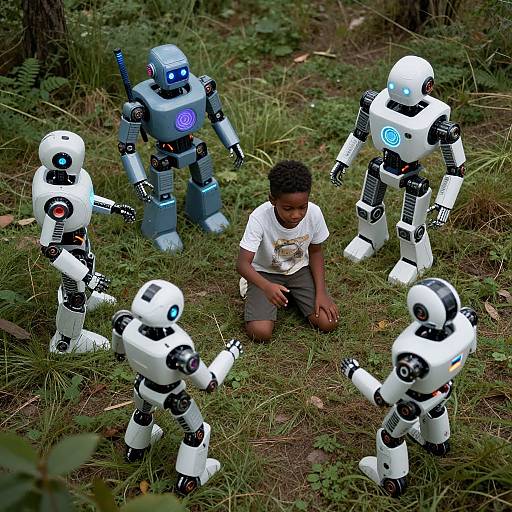 Photograph of a young boy in a white t-shirt kneeling on grass surrounded by five colorful, robotic toy droids in a forest.