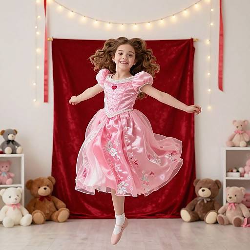 Photograph of a smiling young girl with curly brown hair, wearing a pink floral satin dress, dancing in a room with red velvet backdrop, fairy lights