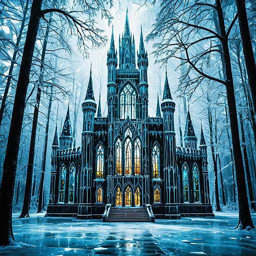 Icy Stained-Glass Palace in Frost Forest