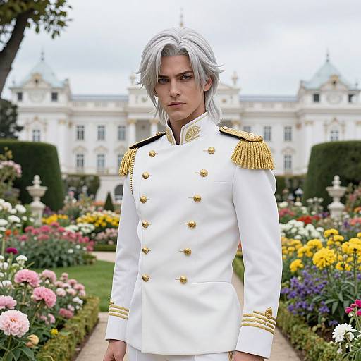 Photorealistic digital image of a silver-haired man in a white, gold-epauleted military uniform standing in a vibrant, flower-filled garden