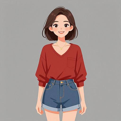 Digital anime-style illustration of a smiling young woman with shoulder-length black hair, wearing a red V-neck sweater and high-waisted blue denim shorts,
