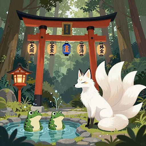 Illustration of Nine-Tailed Fox at Forest Shrine