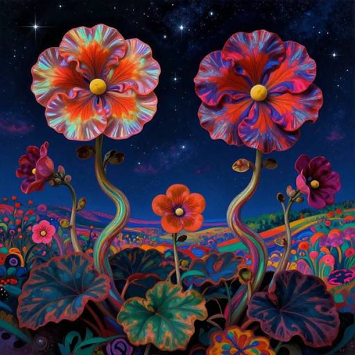 Digital artwork of vibrant, glowing flowers with swirling red, orange, and purple petals under a starry night sky, set in a colorful, surreal field