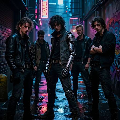 Neon-lit, rainy alley scene with five brooding men in black leather jackets; central figure has cybernetic arm, tousled hair,