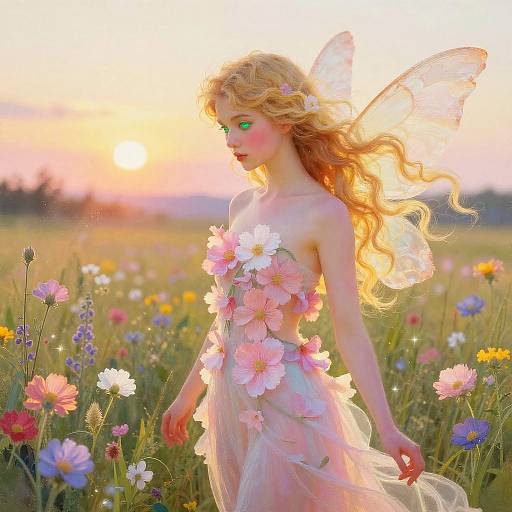 Digital painting of a fair-skinned, blonde fairy with green eyes, wearing a pink flower dress, standing in a vibrant meadow at sunset, surrounded