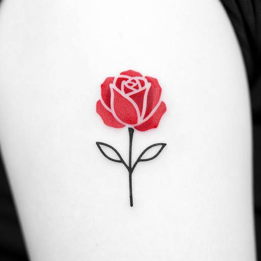 Photograph of a red rose tattoo with white accents and black stem and leaves, centered on a white background.
