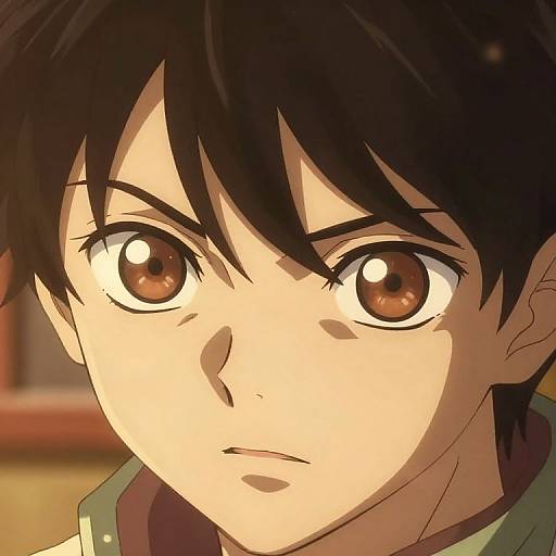 Anime-style close-up of a determined young man with large brown eyes, black hair, and a serious expression, wearing a green uniform.