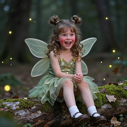 Photograph of a delighted young girl with brown hair in fairy wings and green dress, sitting on a mossy log in a forest, surrounded by glowing