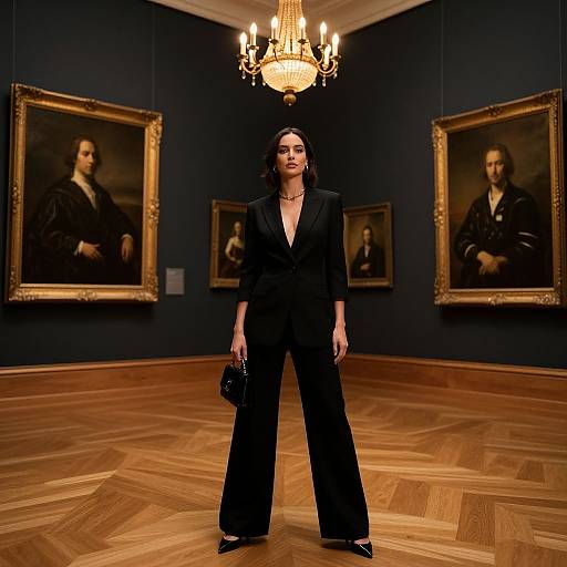 Photograph of a confident woman in a black suit and heels, holding a black handbag, standing in a dimly lit art gallery with chandelier