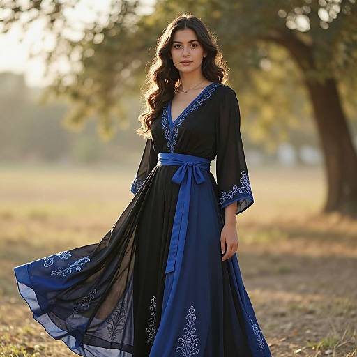 Young Woman in Flowing Black and Blue Embroidered Dress