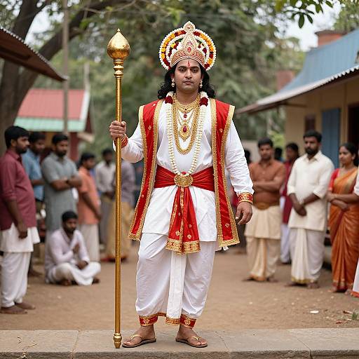 Photograph of a South Indian Hindu priest in traditional white and red attire, holding a golden staff, with a decorated crown, standing in a village street
