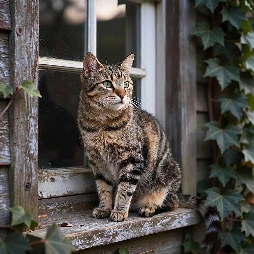 Realistic Cat on Rustic Windowsill
