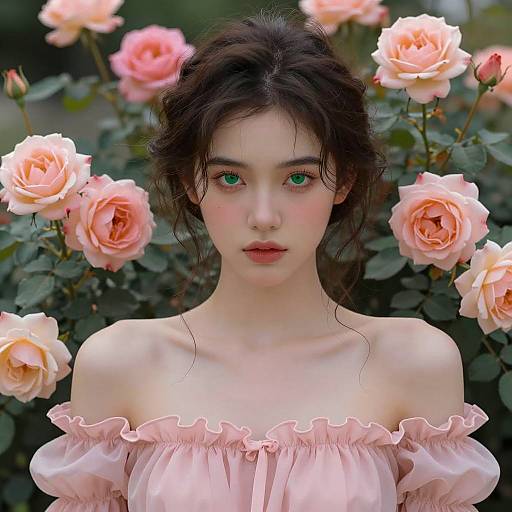 Pale Woman in Pink Dress Among Roses