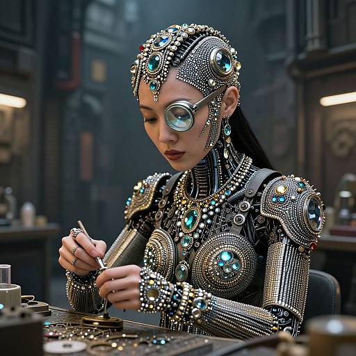 Cyberpunk woman with ornate metallic headpiece and goggles, adorned in intricate silver jewelry, meticulously crafting jewelry in dimly lit workshop.