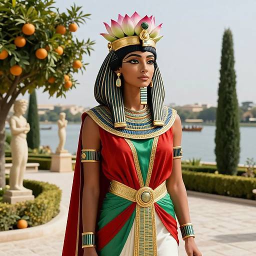 Photorealistic image of an African woman in ancient Egyptian attire, adorned with a colorful headdress, red and green dress, gold accessories, standing in