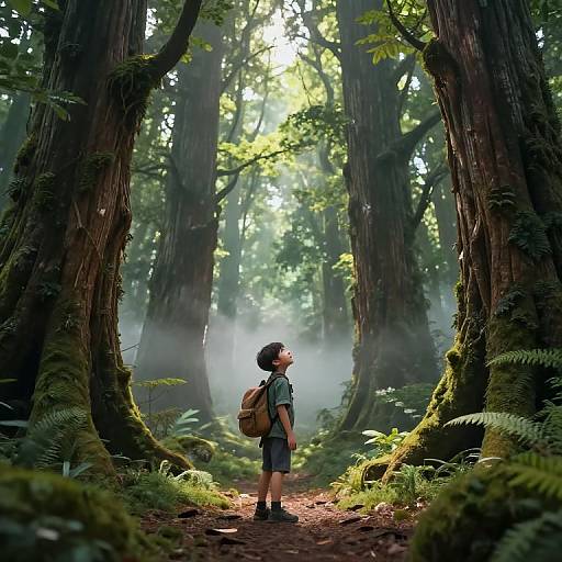 Photograph-like CGI of a young boy with brown backpack, green shirt, and shorts, standing in a misty, sunlit redwood forest,