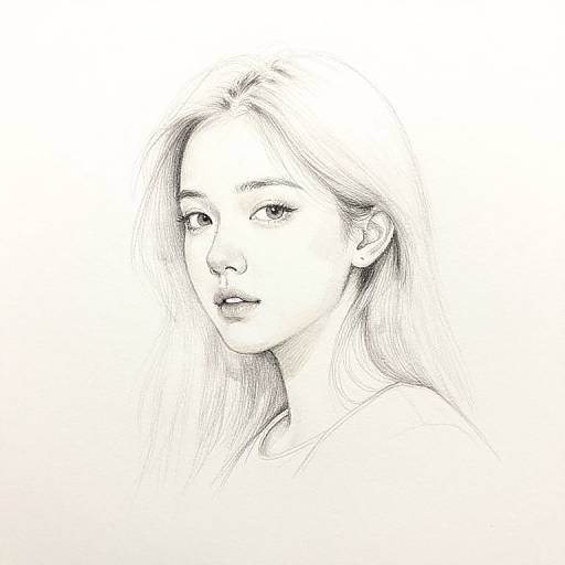 Black-and-white pencil sketch of a young woman with long, flowing hair, soft facial features, and a neutral expression.