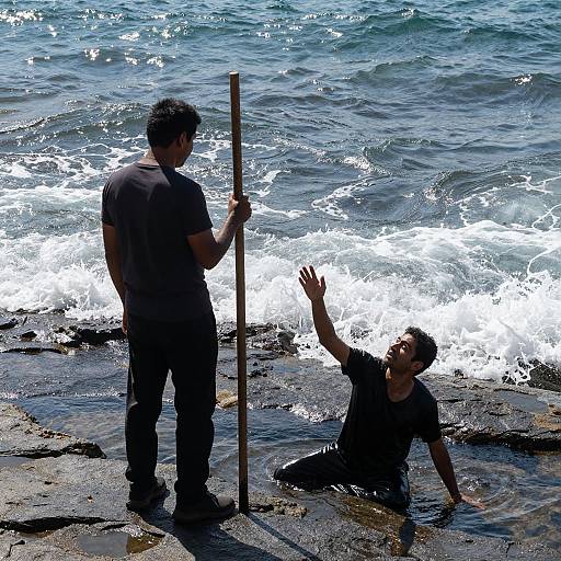Man Helping Another on Rocky Shore