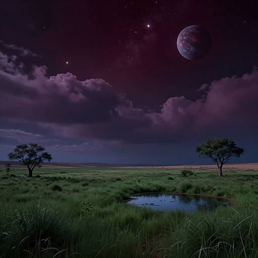 Digital artwork of a moonlit savanna with two trees, a reflective pond, and a starry sky featuring a large, detailed planet. Dark purple