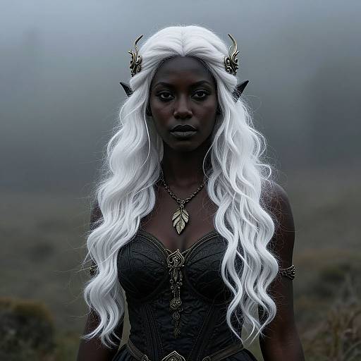 Digital artwork of a dark-skinned, elven woman with long, wavy white hair, black lace corset, gold leaf necklace, and horn