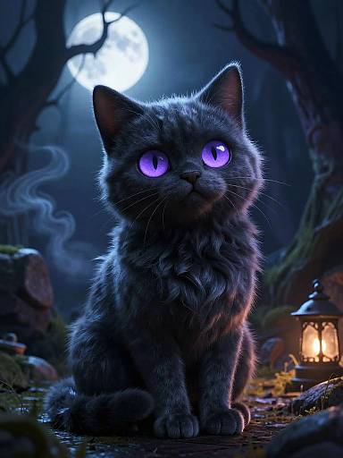 Digital artwork of a fluffy, grey cat with glowing purple eyes, sitting on a moonlit path in a dark, mystical forest, with a lantern emitting