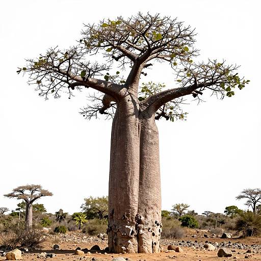 Photograph of a tall, textured baobab tree with sparse leaves, standing in a rocky, arid landscape with smaller trees in the background.