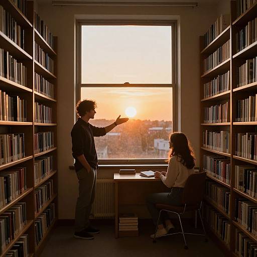 Silhouetted couple in library at sunset; man gestures, woman sits at desk, surrounded by bookshelves, warm orange light through window.