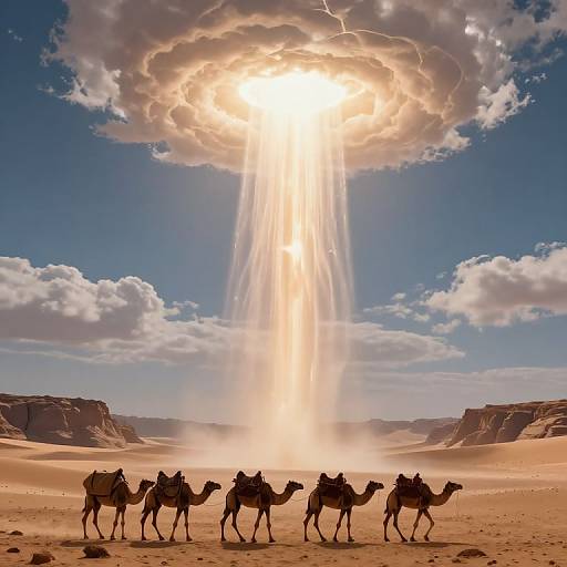 Photograph-like digital artwork: Silhouetted camels with riders walk across a desert, beneath a sunlit, cloud-rimmed sky with