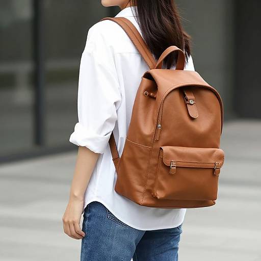 Photograph of a woman with long dark hair, wearing a white shirt and blue jeans, carrying a brown leather backpack. Urban background.