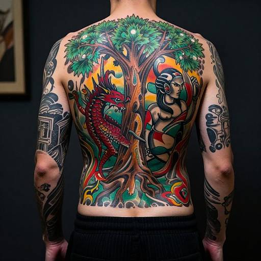 Photograph of a tattooed male back featuring a vibrant tree with a red dragon and a warrior woman, surrounded by intricate black and colorful designs on his