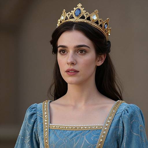 Photograph of a young woman with fair skin and dark brown hair, wearing a gold crown with blue gemstones, and a blue medieval-style dress with