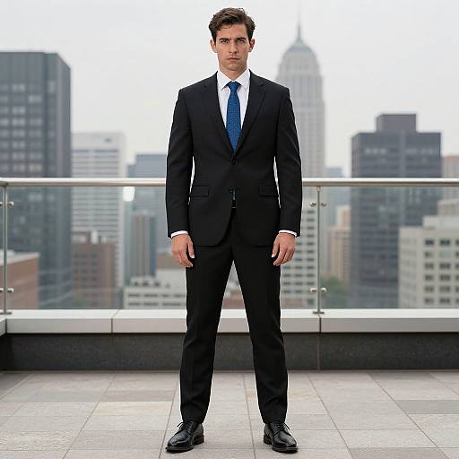 Photograph of a serious, handsome man in a black suit, blue tie, standing on a rooftop terrace with city skyline background.
