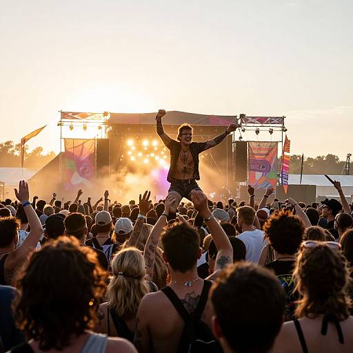 Photograph of a male performer with short hair, wearing a black graphic shirt and black pants, standing on a crowded stage at sunset, raising his arms