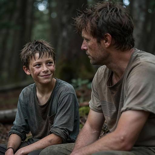 Two Figures in a Dim Forest Scene