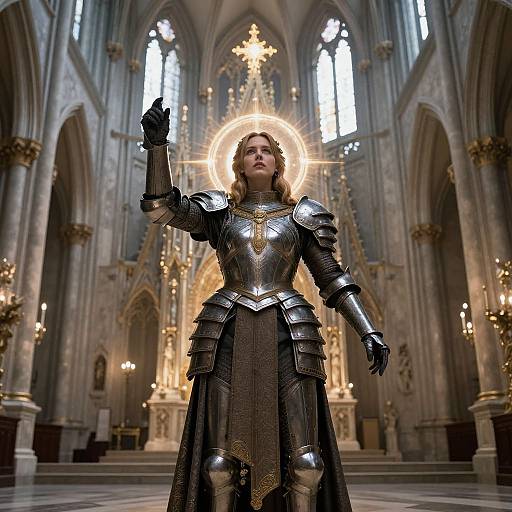 Photograph of a woman in ornate medieval armor, standing in a grand Gothic cathedral, raising her hand, with a glowing halo behind her.