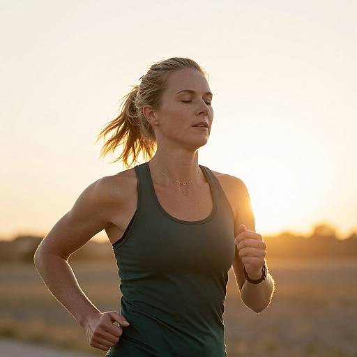 Photograph of a fit, blonde woman in a dark tank top running outdoors at sunset, with golden sunlight casting a warm glow.