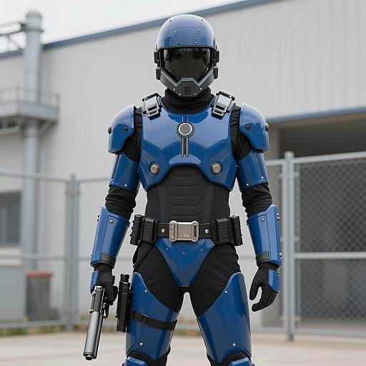 Futuristic Blue Armored Soldier with Helmet and Gun